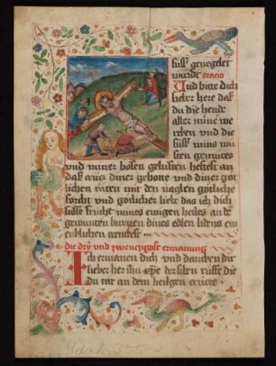 Bordürenseite mit Miniatur (Christus wird ans Kreuz geschlagen) und Fadenrankenbordüre