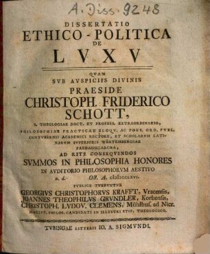 Dissertatio Ethico-Politica De Luxu