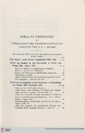 Inhalts-Übersicht und Verzeichnis der wissenschaftlichen Arbeiten von C.G.J. Jacobi