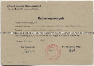 Entlastungszeugnis des Entnazifizierungs-Hauptausschusses Oldenburg für einen ehemaligen Offizier der Wehrmacht