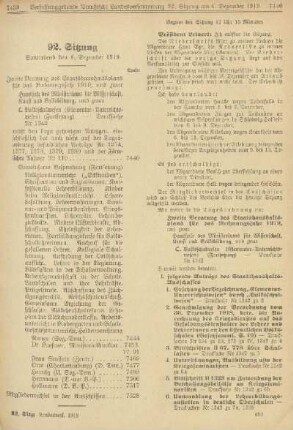 92. Sitzung. Sonnabend den 6. Dezember 1919