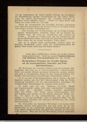 Die furchtbaren Wirkungen des Versailler Diktates auf die wissenschaftlichen, kulturellen und Wohlfahrtseinrichtungen