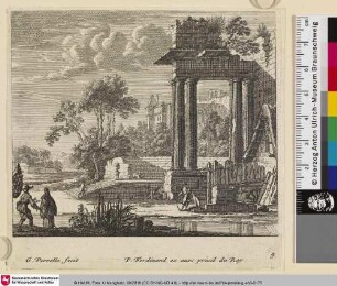 [Landschaft mit Ruine an einem Fluss mit einem Fischer]