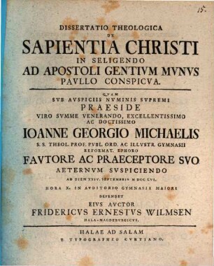 Diss. theol. de sapientia Christi in seligendo ad apostoli gentium munus Paullo conspicua