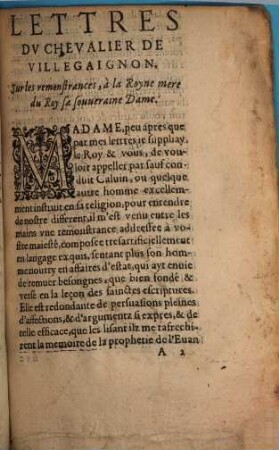 Lettres Dv Chevalier De Villegaignon, Sur les remonstrances à la Royne Mere du Roy sa souueraine Dame