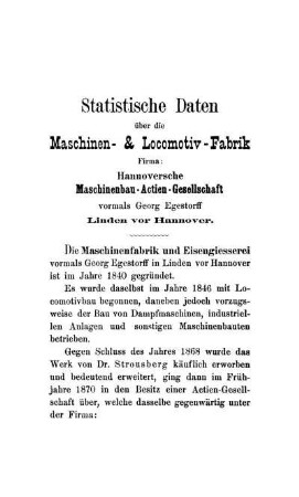 Statische Daten über die Maschinen- & Locomotiv-Fabrik