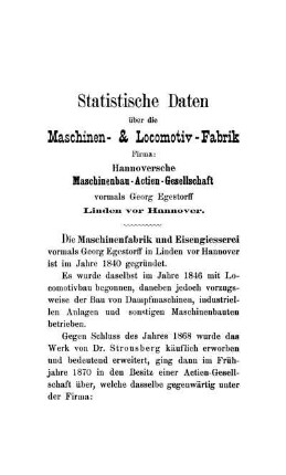 Statische Daten über die Maschinen- & Locomotiv-Fabrik