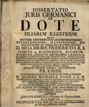 Dissertatio Juris Germanici De Dote Filiarum Illustrium