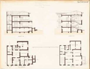 Villa, Gera Monatskonkurrenz April 1878: Grundriss Keller, Obergeschoss, Längsschnitt, Querschnitt; Maßstabsleiste