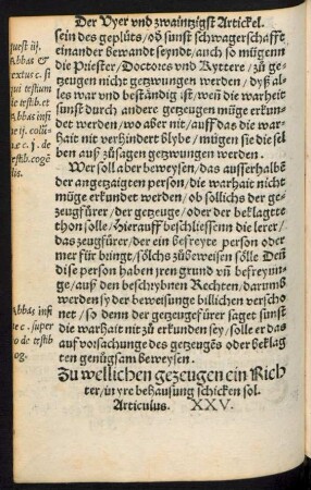 Zu wellichen gezeugen ein Richter/ in yre behausung schicken sol. Articulus. XXV.