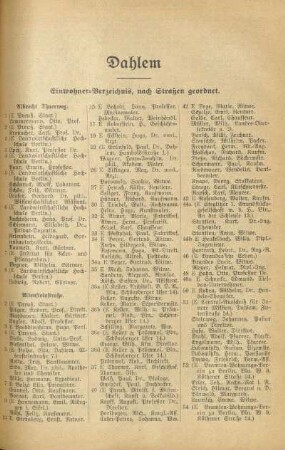 Dahlem. Einwohner-Verzeichnis, nach Straßen geordnet