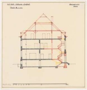 Umbau eines Landhauses Monatskonkurrenz Februar 1933: Querschnitt 1:100, mit den Umbaumaßnahmen (Abriss, Neubau); Maßstabsleiste
