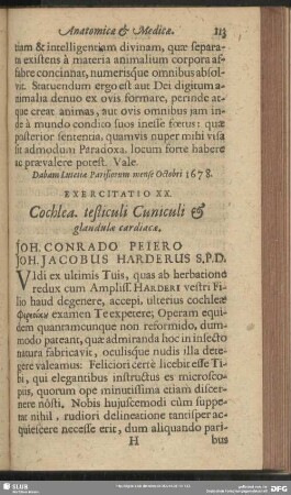 Exercitatio XX. Cochlea. testiculi Cuniculi & glandulae cardiacae. Joh. Conrado Peiero Joh. Jacobus Harderus S. P. D.