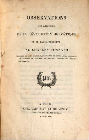 Observations sur l'Histoire de la révolution helvétique de M. Raoul-Rochette