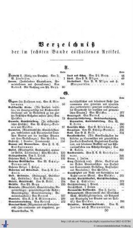 Verzeichniß der im sechsten Bande enthaltenen Artikel.