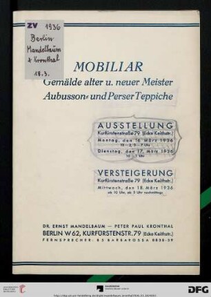 Mobiliar, Gemälde alter u. neuer Meister, Aubusson- und Perser Teppiche : 18. März 1936