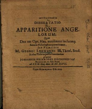 Angelophania Seu Dissertatio De Apparitione Angelorum