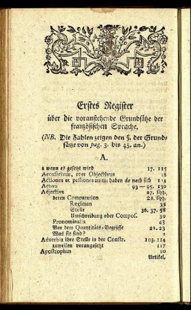 Erstes register über die voranstehende Grundsätze der französischen Sprache.