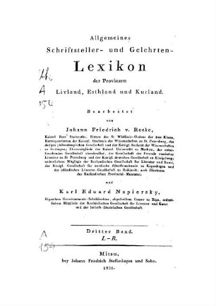Allgemeines Schriftsteller- und Gelehrten-Lexicon der Provinzen Livland, Esthland und Kurland, 3. L - R