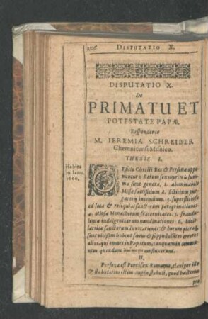Disputatio X. De Primatu Et Potestate Papae. Respondente M. Ieremia Schreiber.