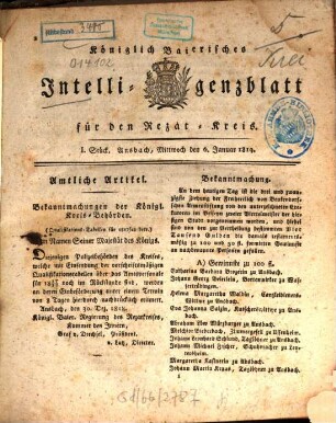 Königlich Bayerisches Intelligenzblatt für den Rezat-Kreis. 1819