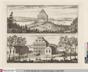 Suecia Antiqua et Hodierna; oben: Braehaelia; unten: Ekesiö Hofgard