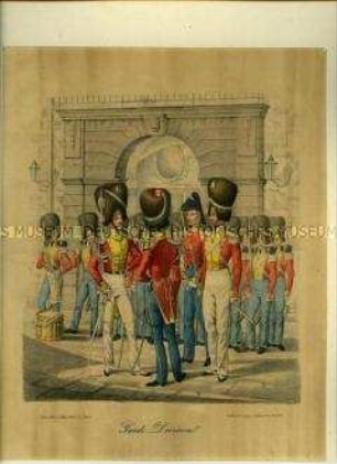 Offiziere und Mannschaft mit Bärenfellmützen,Grenadiergarderegiment. Aus Kunstdruckmappe "Uniformen der Königlich Sächsischen Armee" 1832.