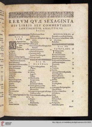 Rervm qvae Sexaginta his libris sev commentariis continentvr, Analyticvs, Index