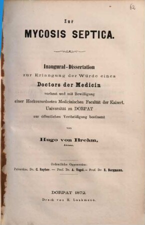 Zur Mycosis septica : Inaugural-Dissertation