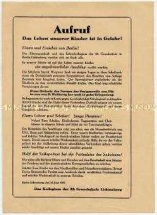 Aufruf von Lehrern und Elternvertretern in Berlin-Lichtenberg zur Wachsamkeit vor Sabotage und Terror-Anschlägen