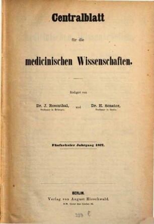 Centralblatt für die medicinischen Wissenschaften. 15. 1877