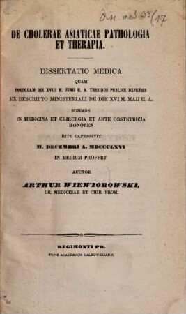 De cholerae Asiaticae pathologia et therapia : dissertatio medica