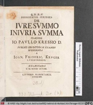 Dissertatio Ivridica De Ivre Svmmo Inivria Svmma