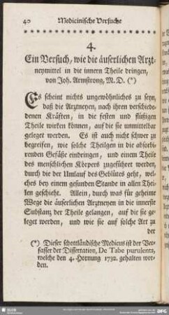 Ein Versuch, wie die äuserlichen Artzneymittel in die innern Theile dringen