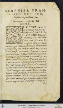 Serenissimo Francisco Mediceo, Etruriae Magno Duci, etc. Hieronymus Rubeus, felicitatem D.