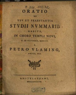Oratio de usu et praestantia studii nummarii : habita ... MDCCII