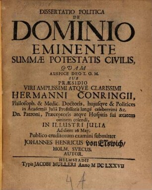 Diss. polit. de dominio eminente summae potestatis civilis