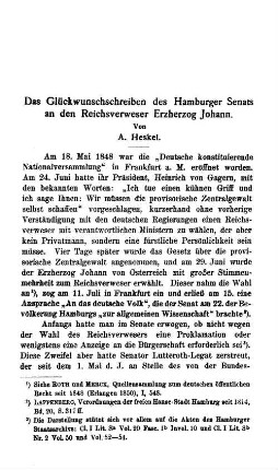 Das Glückwunschschreiben des Hamburger Senats an den Reichsverweser Erzherzog Johann.