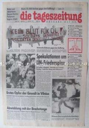 Fragment der Ost-Ausgabe der "tageszeitung" u.a. zum Krieg am Golf und deutsche Waffenlieferungen an den Irak sowie zum Kampf um die Unabhängigkeit Litauens