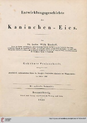 Entwicklungsgeschichte des Kaninchen-Eies : Gekrönte Preisschrift ... 1840. Mit sechzehn Steintafeln