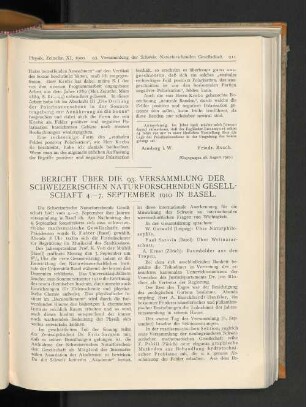 Bericht über die 93. Versammlung der schweizerischen Naturforschenden Gesellschaft 4.-7. September 1910 in Basel