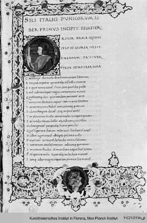 Silius Italicus: Punicorum libri : Folio mit Randbordüre, eingeschlossenem Mediciwappen, Text und historisierter Initiale O mit der Darstellung Hannibals