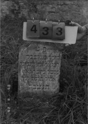 Grabstein 433 (Index: 100107955) Material: heller Sandstein Zustand: linke Ecke abgeschlagen, versalzen Maße HxBxT: 56x31x19 cm Beschreibung: Stele, Segmentbogenabschluß, Sockel Besonderheit: Kindergrab: Grabstein 433