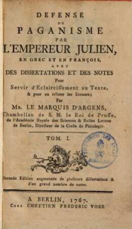 Défense du Paganisme : En Grec et en François, 1