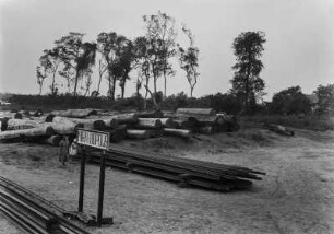 Holzlager : Ein Holzlager nahe einer Eisenbahnstation.