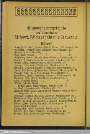 Einwohnerverzeichnis der Gemeinden Altdorf, Wickershain und Narsdorf