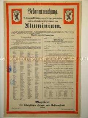 Maueranschlag: Bekanntmachung. Meldung und Enteigungung von Aluminiumgegenständen