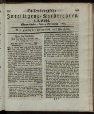 LII. Stück. Sonnabends: den 24. December, 1785.