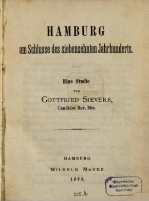 Hamburg am Schlusse des siebenzehnten Jahrhunderts