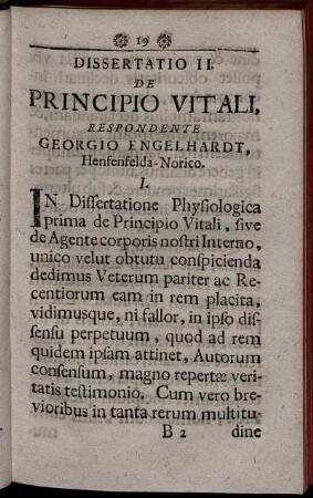 Dissertatio II. De Principio Vitali, Respondente Georgio Engelhardt, Henfenfelda- Norico.